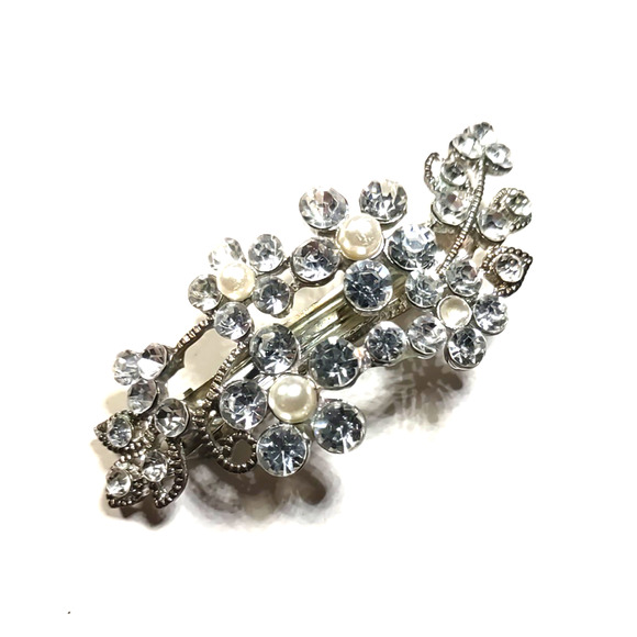 Hair Barrette Tension Clip Clear Rhinestone Faux Pearls Wedding Pageant Party - Picture 3 of 5